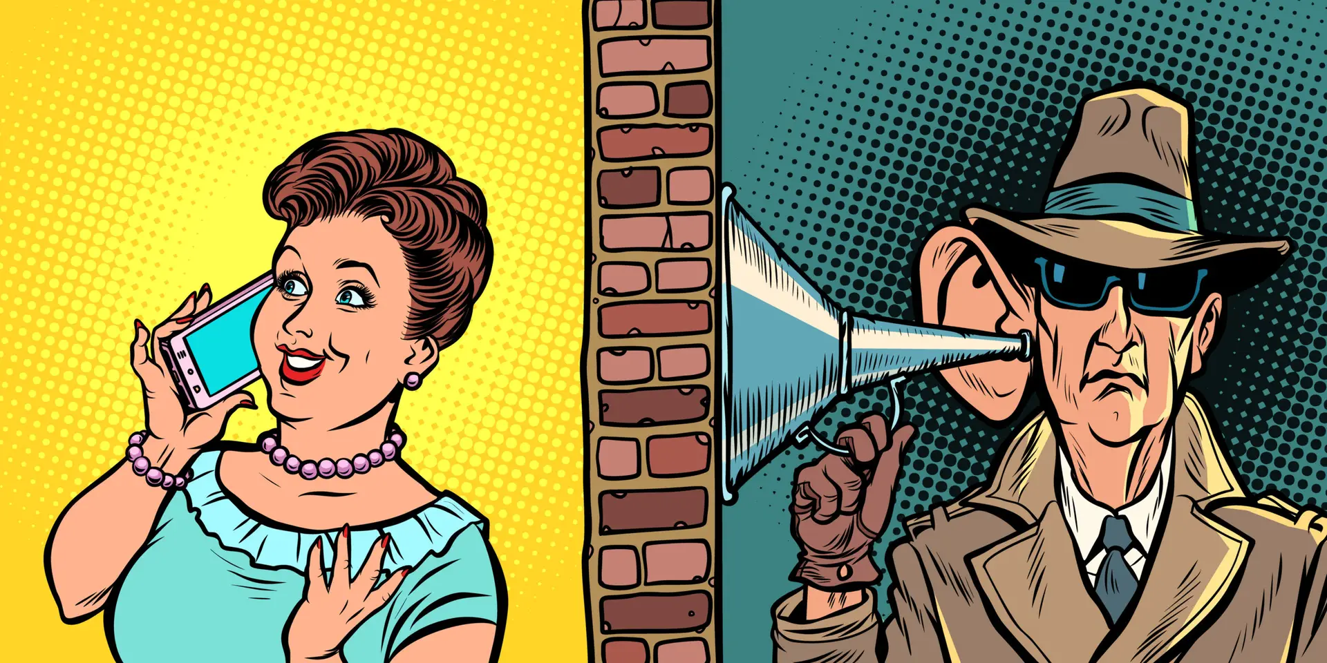 spy listens to conversation on the phone. Comic cartoon pop art retro vector illustration hand drawing